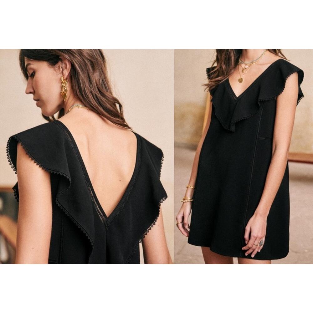 Sézane Sezane | Martie Dress Black V-Neck Mini Ruffle Trim |‎ Sz 36